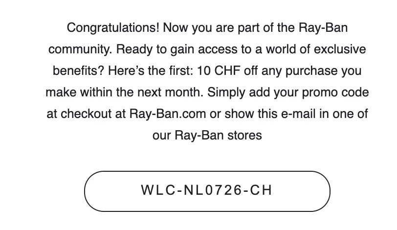 Preuve du coupon - Ray Ban - Ray Ban [[code de bienvenue]] 10 CHF de réduction immédiate