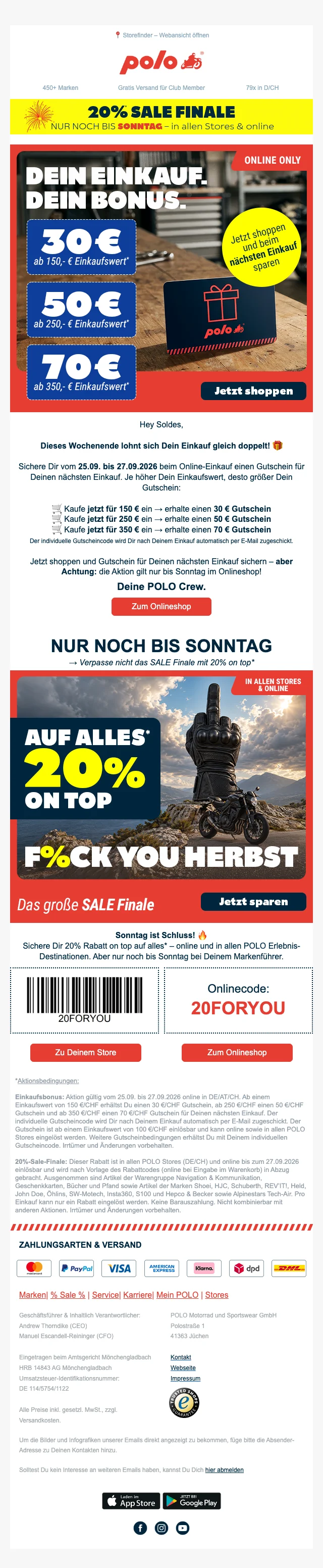 Preuve du coupon - Polo Motorrad - Code promo : [[20% de réduction]] sur tout, plus bons d'achat bonus