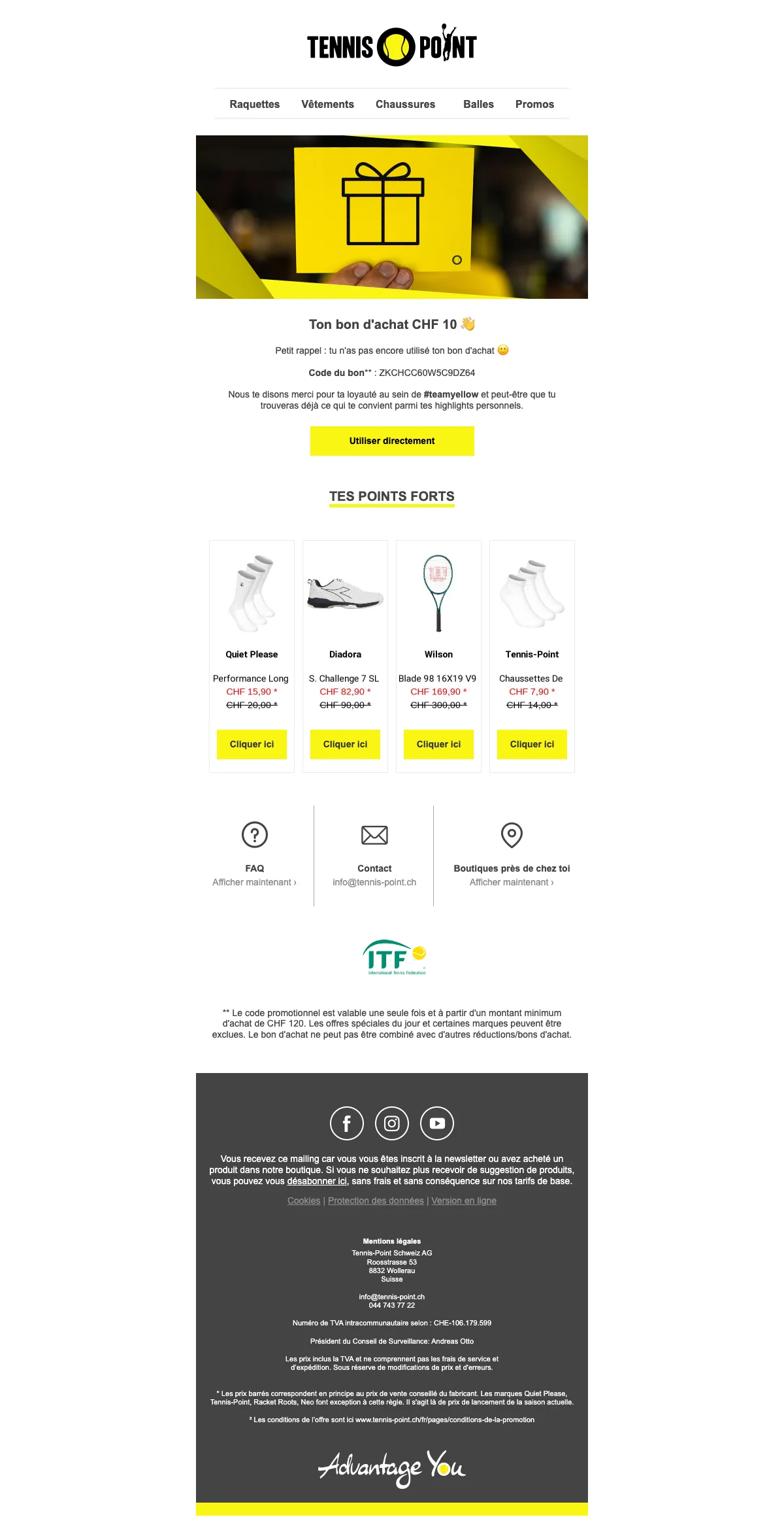 Preuve du coupon - Tennis Point - Code promo : [[Bon d'achat]] à réclamer, valable sur articles de sport