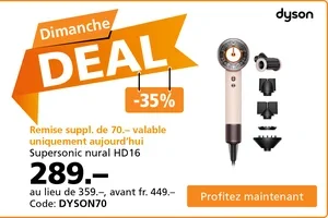 Seulement aujourd’hui : fr. 70.– de remise supplémentaire sur les sèche-cheveux Dyson