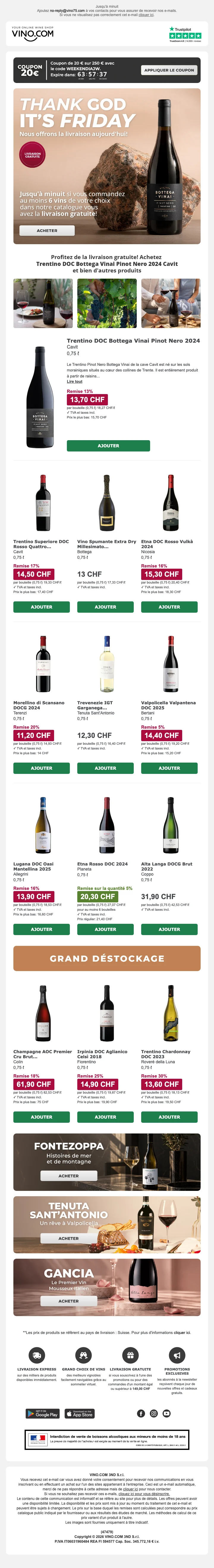 Preuve du coupon - Vino - Code promo : [[20€ de réduction]] dès 250€ d'achat, livraison gratuite sur vins
