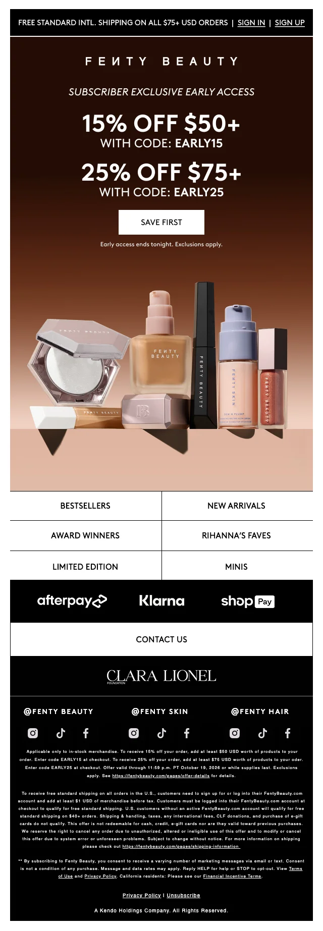 Preuve du coupon - Fenty Beauty - Code promo : 15% de réduction en accès anticipé pour abonnés