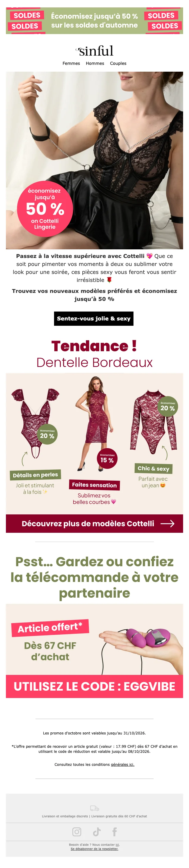 Preuve du coupon - Sinful - Code promo : article offert sur achat minimum, articles sélectionnés