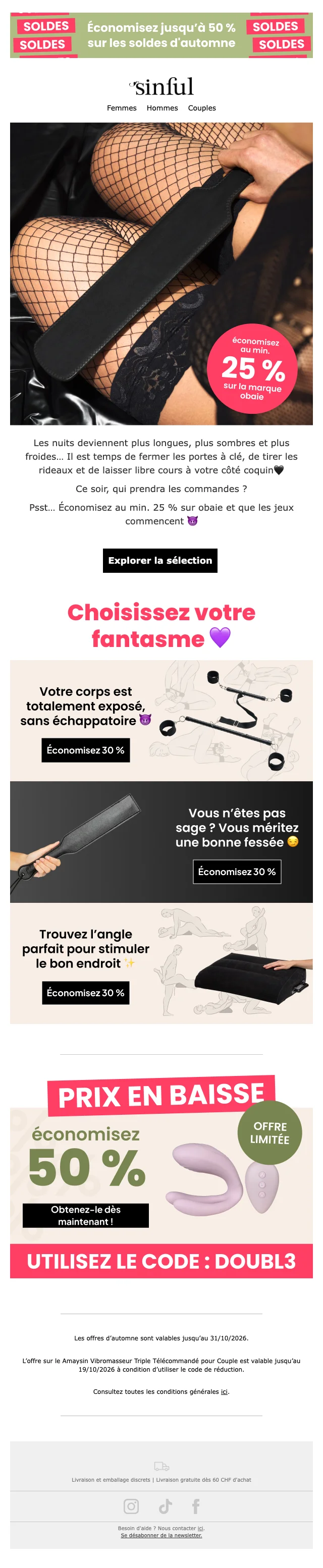 Preuve du coupon - Sinful - Code promo : 30% de réduction sur une sélection et prix en baisse jusqu'à 50%