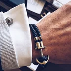 Bracelet ancre Phrep laiton cuir bleu marine