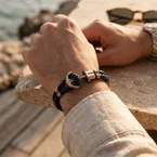 Bracelet ancre Phrep laiton cuir bleu marine