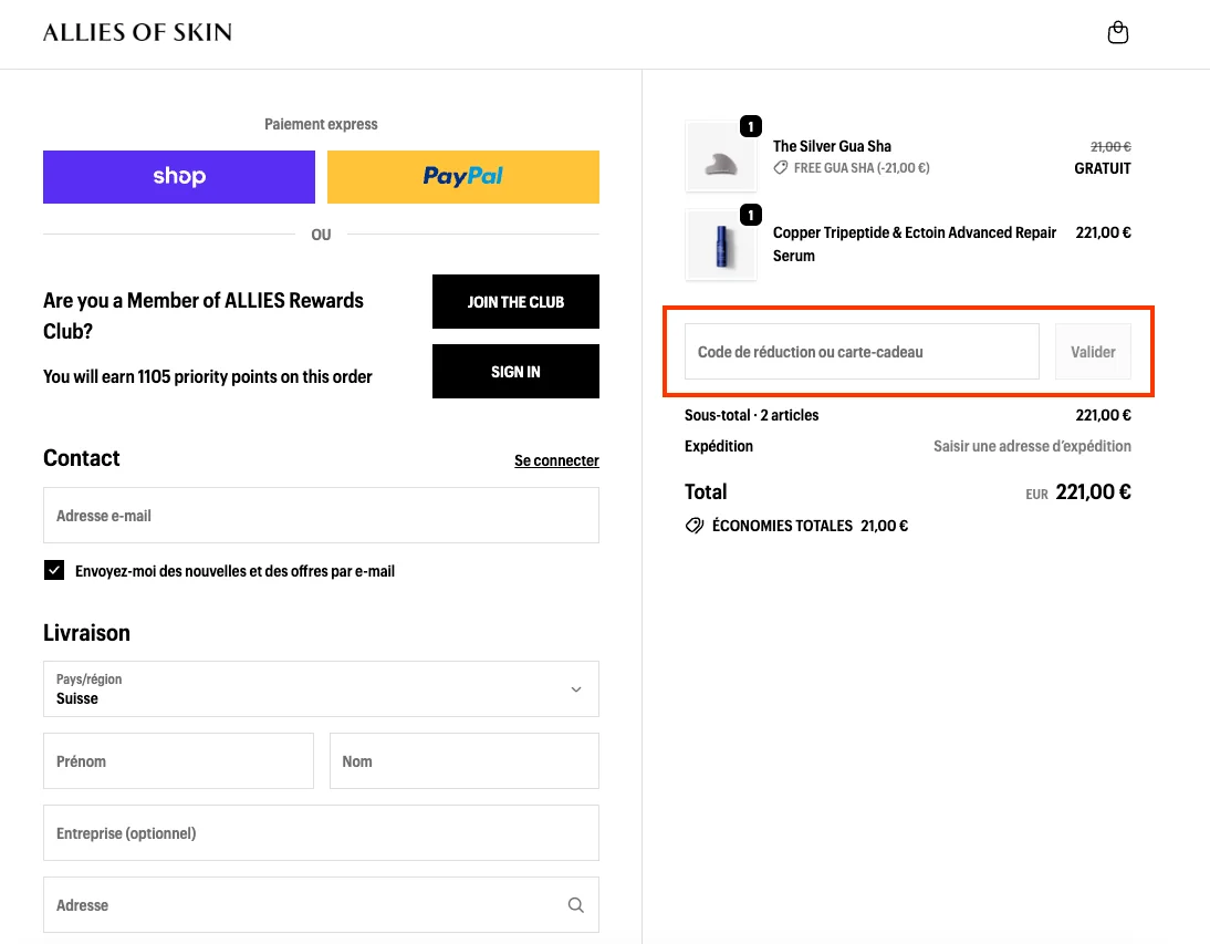 Comment utiliser le code promo ? - Allies of Skin