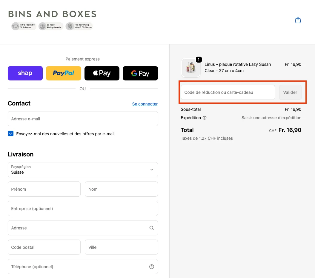 Comment utiliser le code promo ? - Bins and Boxes