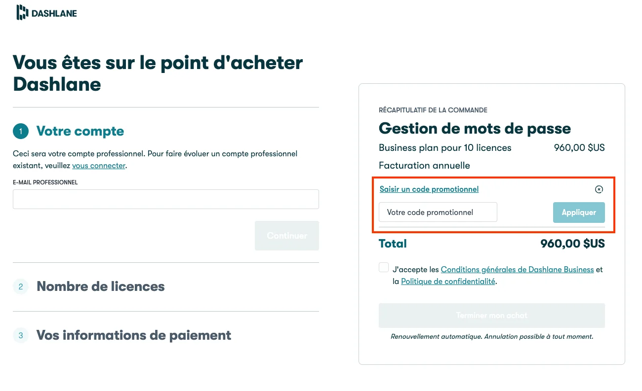 Comment utiliser le code promo ? - Dashlane